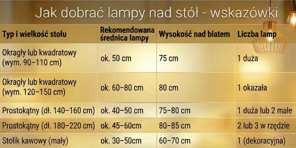 Jak dobrać lampy nad stół - tabela: średnica, wysokość nad blatem, liczba lamp