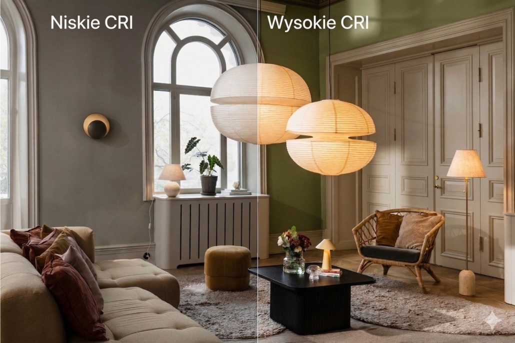 Niski współczynnik CRI kontra wysoki współczynnik CRI - porównanie w oświetleniu salonu