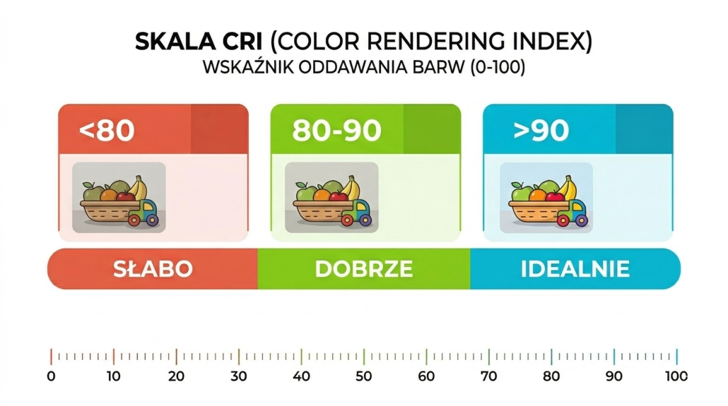 Skala współczynnika oddawania barw CRI - infografika ekconcept