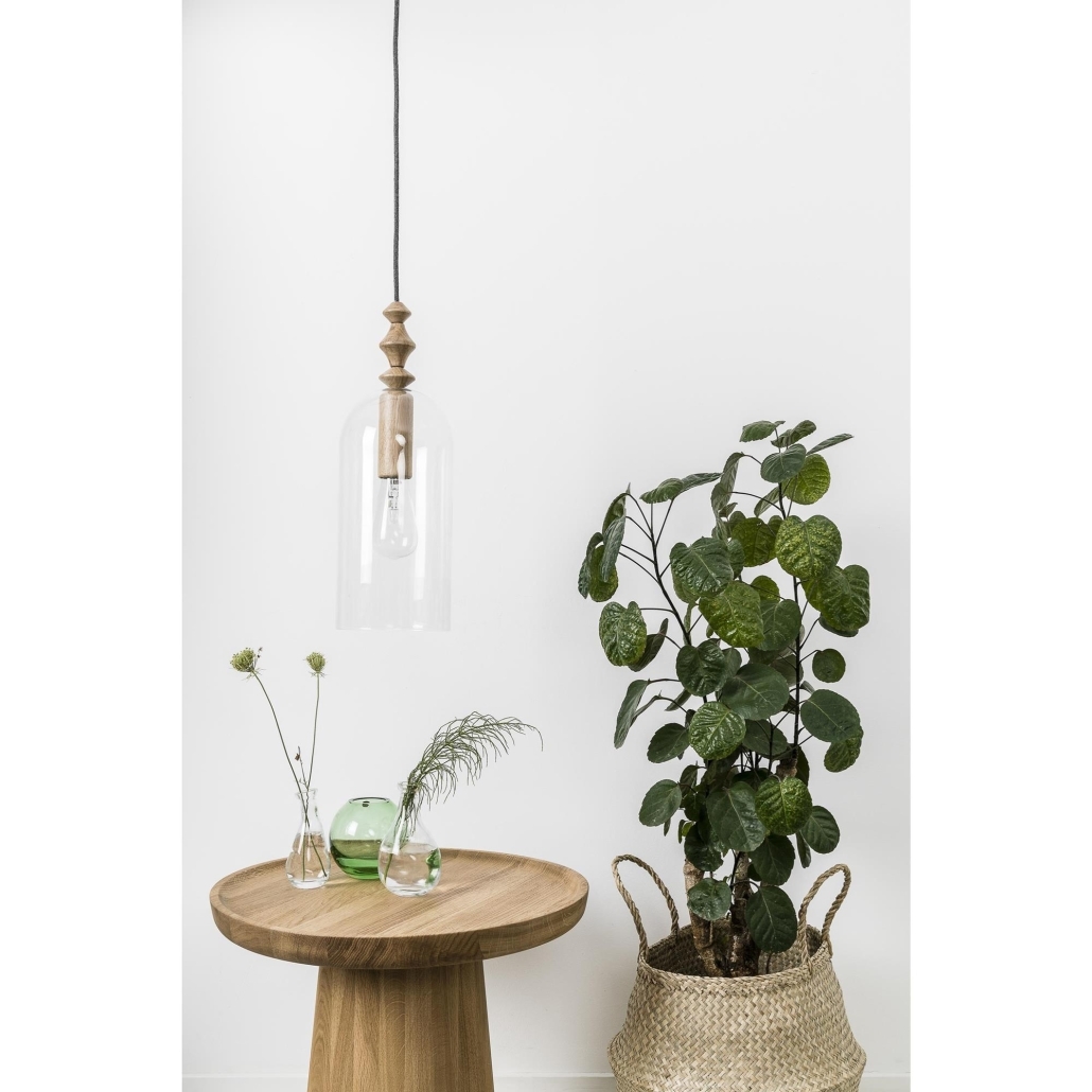 Szklana lampa modern industrial z drewnianą oprawką