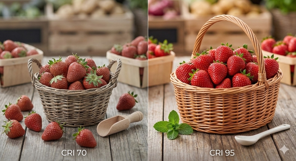 Porównanie współczynnika oddawania barw na czytelnym przykładzie owoców.